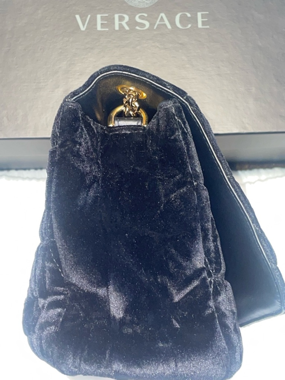 Versace Black Quilted Velvet Shoulder Bag with Gold V and Gold Hardware Chain - Picture 13 of 17